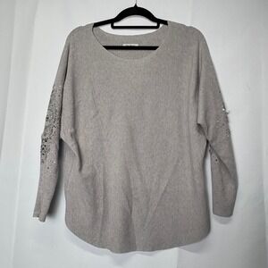 Vita Milano Women's Gray Lace Sleeve Embellished Sleeve Sweater‎ Top Career